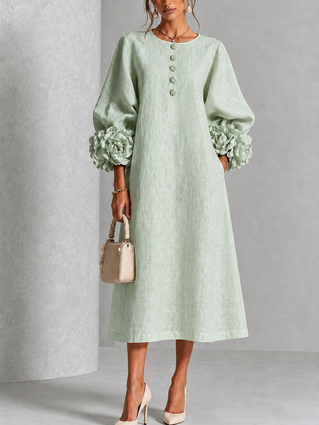sage green wedding guest dress with sleeves Elegant Textured Midi for Women Round Neck Balloon Sleeve Floral Cuff Fall Style this dress will be Women's Summer Dresses Ruffle B0928 Color:Watermelon