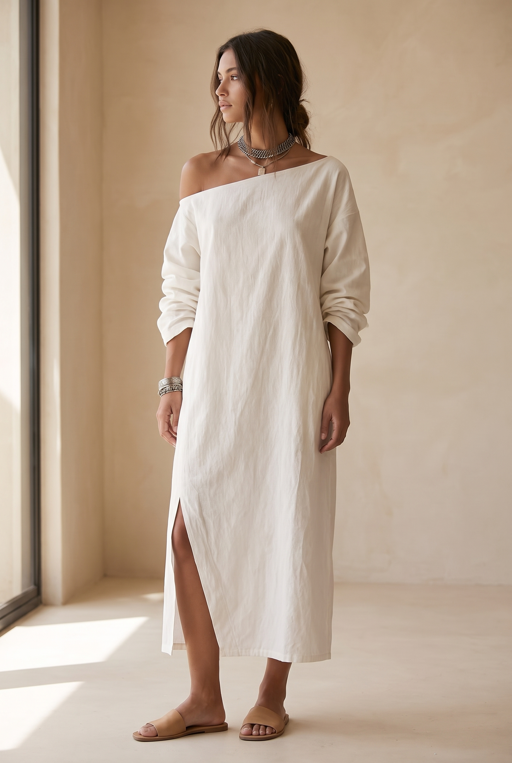 Medusa | White Cotton Linen One-Shoulder Midi Dress with Split Hem