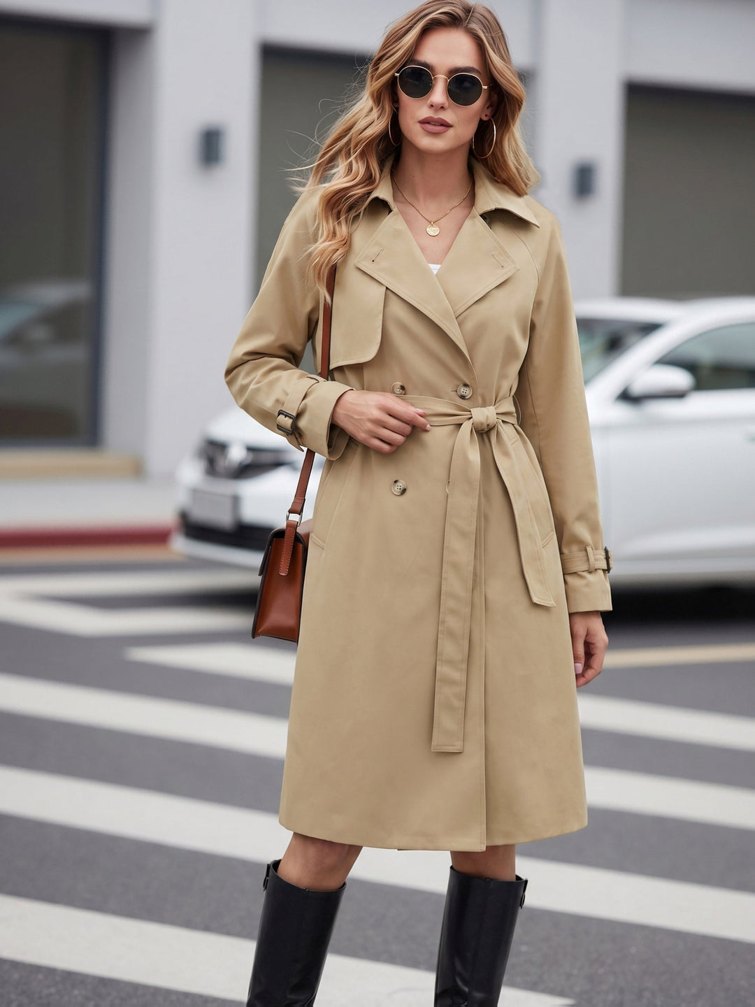 Elegant Khaki Trench Coat for Women with Lapel Collar Belted Waist Double Breasted Style