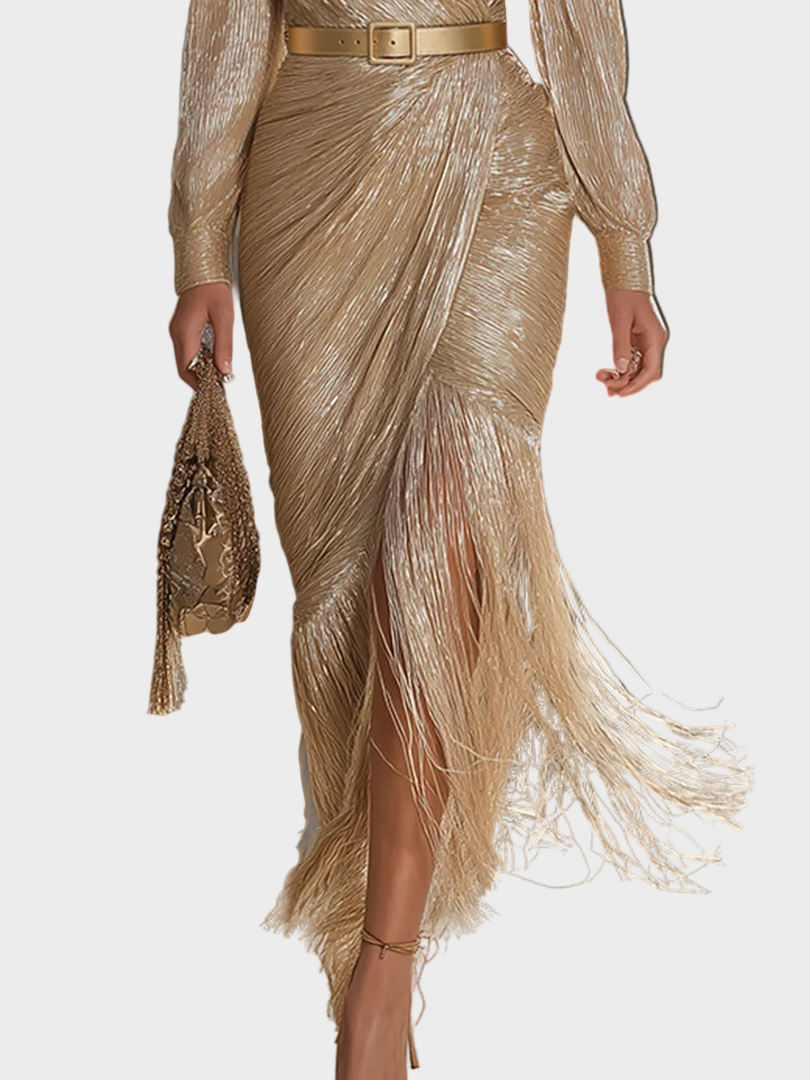 Jollie | Abito Lungo Chic ed Elegante Color Champagne con Scollo a V, Nappe e Brillantezza