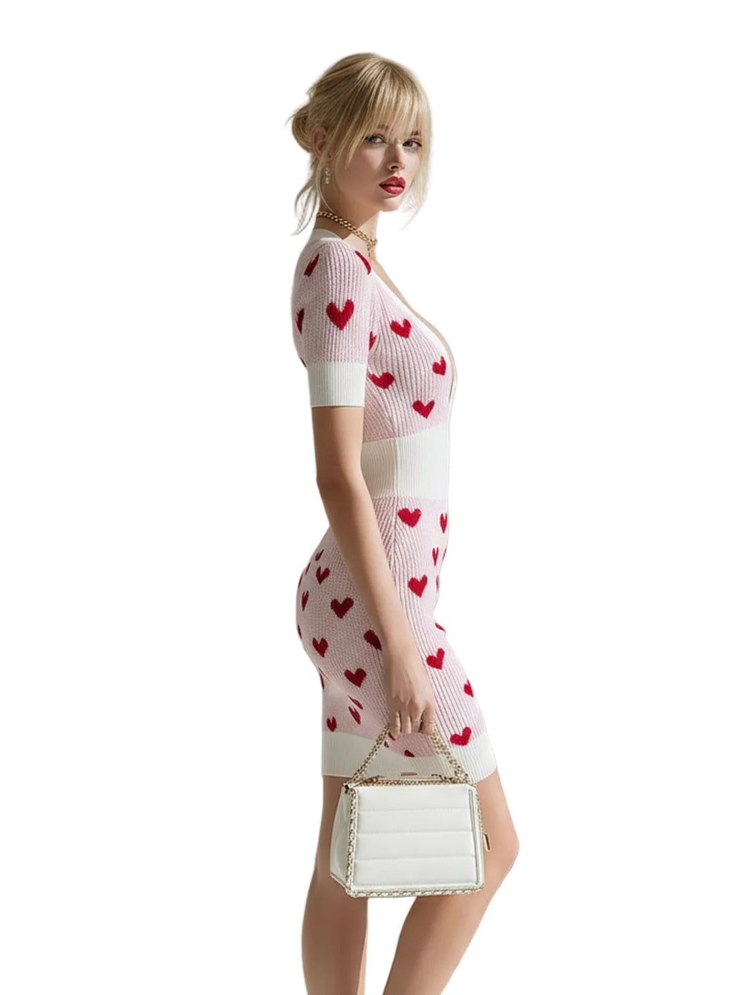 Abito Mini Aderente A Coste In Maglia A Cuore Jacquard Color Crema Bianco Chic Elegante Con Scollo A V Profondo E Maniche Corte