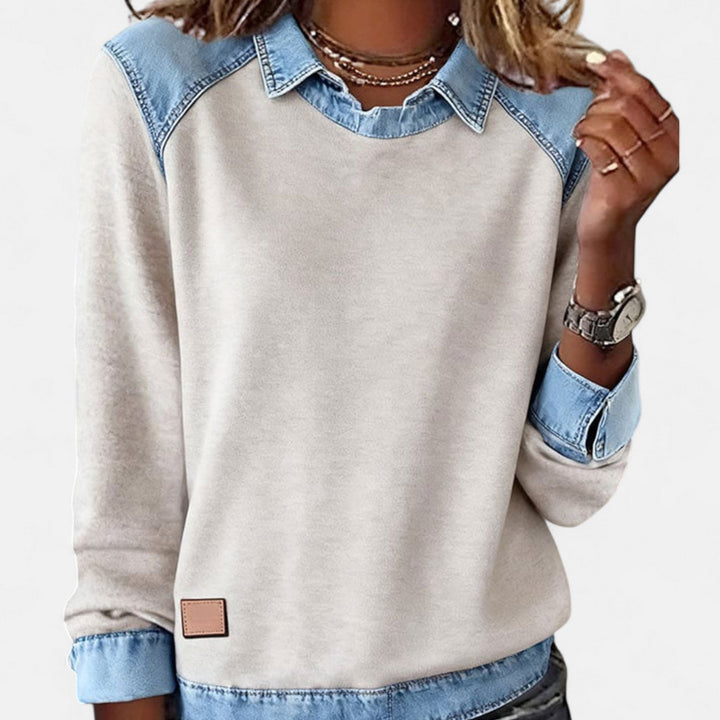 Felpa da donna senza sforzo in denim patchwork con colletto, maniche lunghe raglan e stile casual rilassato