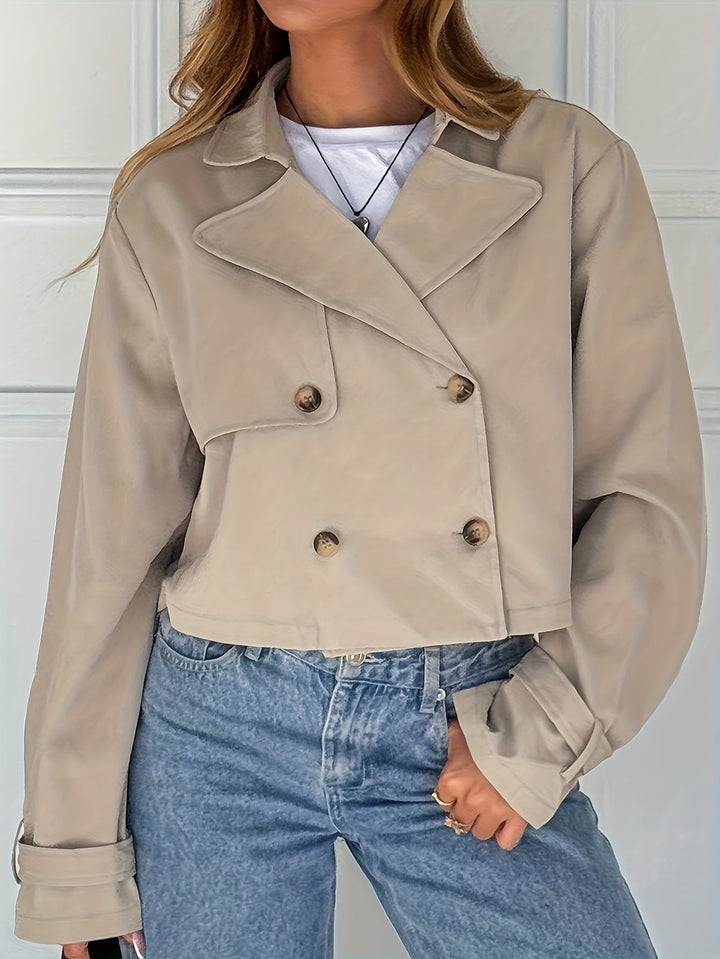 Elegant Khaki Cropped Pea Coat for Women with Notch Lapel Long Sleeve Double Breasted Casual Style
