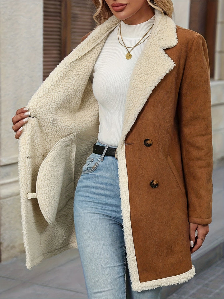 Elegant Light Brown Shearling Coat for Women with Notch Lapel Double Breasted Faux Fur Trim