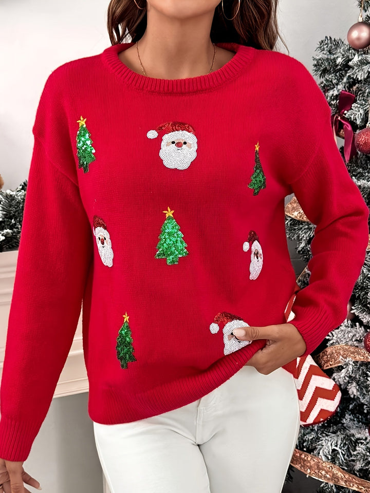 Comfortable Red Sequin Christmas Sweater for Women with Crew Neck Long Sleeve Sequin Santa Oversized Knit Style