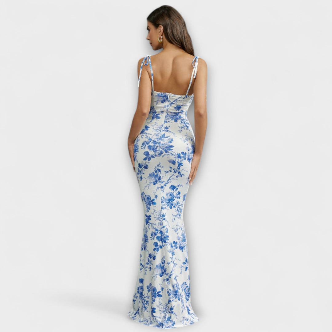 Thalia - Abito da ballo con stampa floreale e spalline annodate