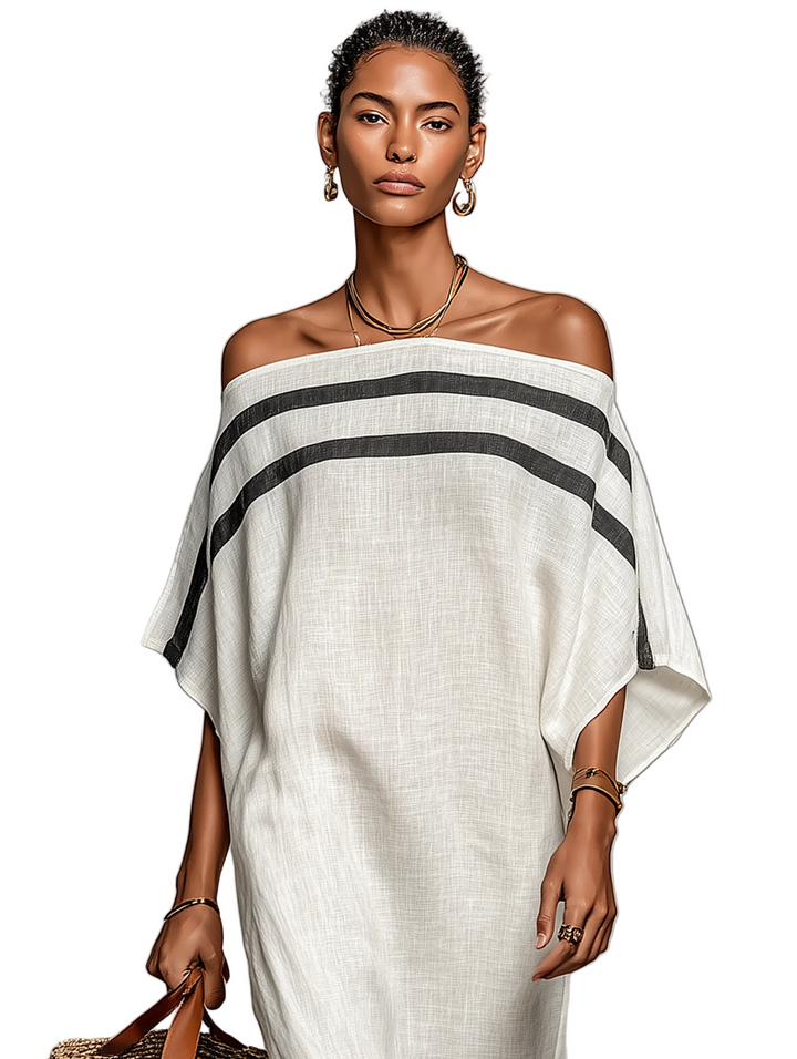 Women's Minimalist Linen Blend Off-the-shoulder Batwing Sleeve Straight-cut Maxi Dress