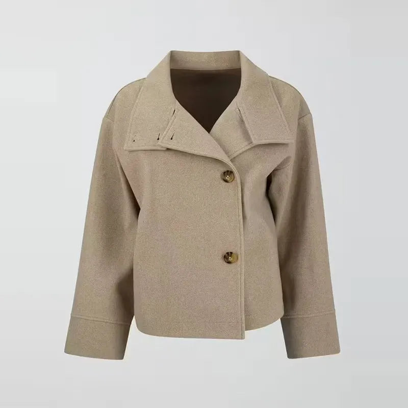 Elegant Wool Pea Coat for Women with Stand Collar Long Sleeve Oversized Button Front Winter Style