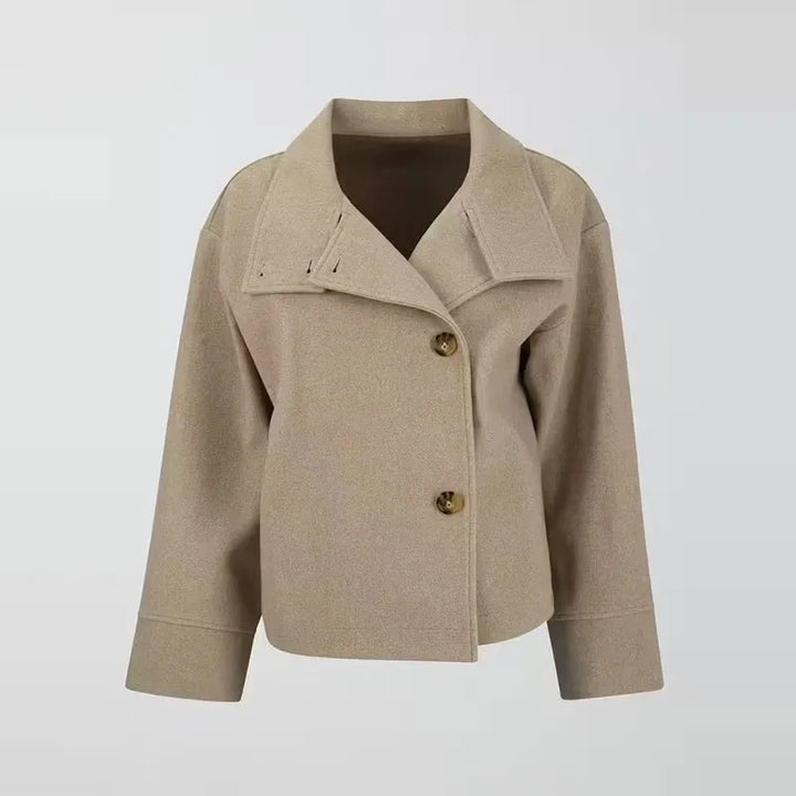 Elegant Wool Pea Coat for Women with Stand Collar Long Sleeve Oversized Button Front Winter Style