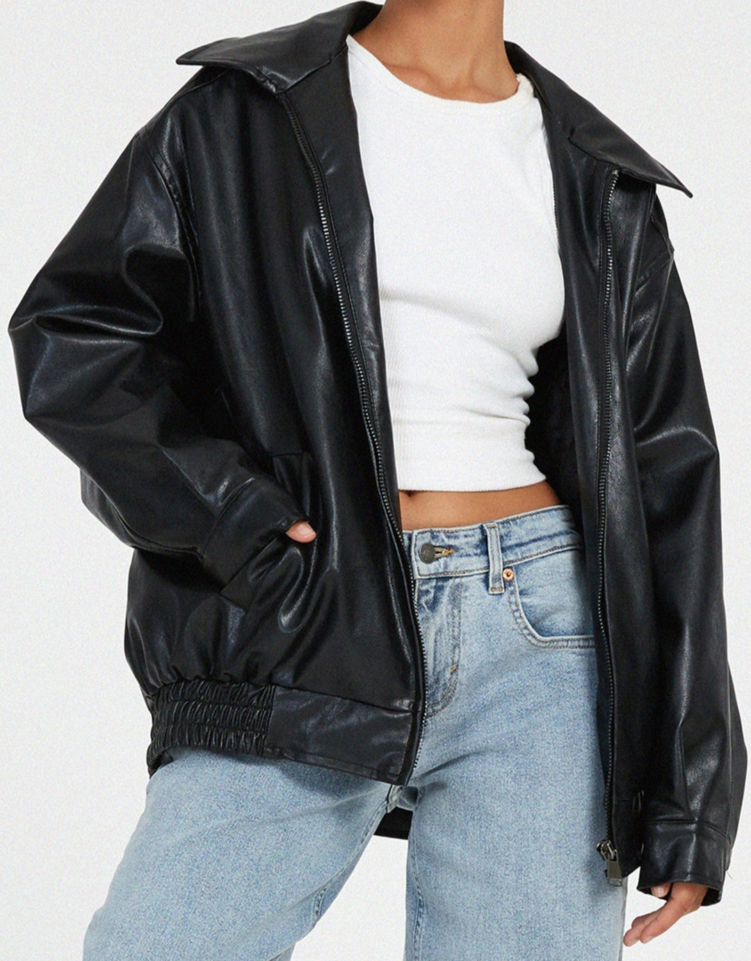 Effortless Faux Leather Jacket for Women with Collared Long Sleeve Oversized Relaxed Style