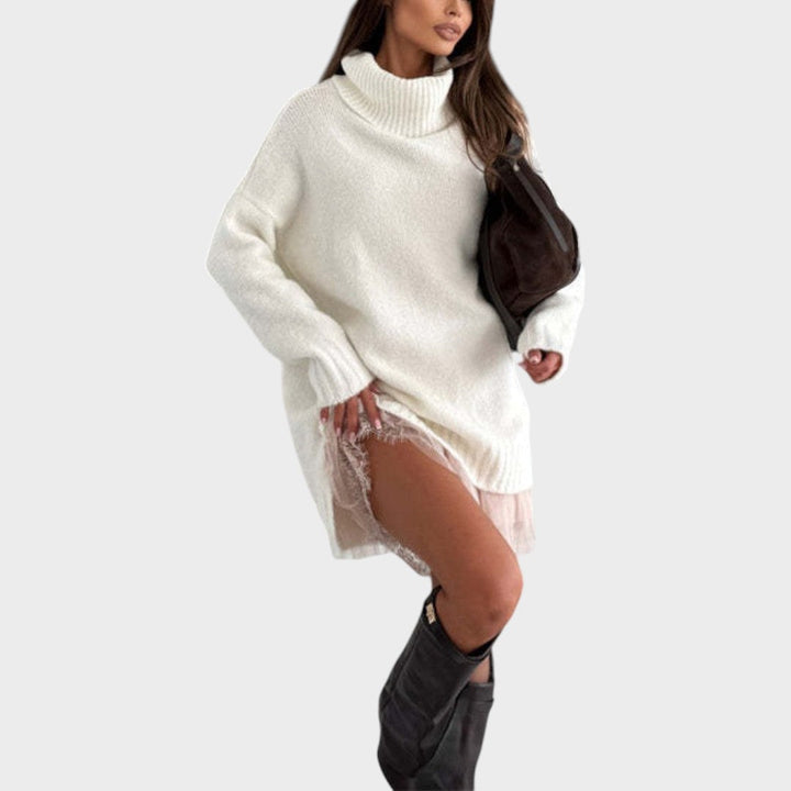 Comfortable Oversized Sweater Dress for Women with Turtleneck Long Sleeve Lace Hem Knit Style