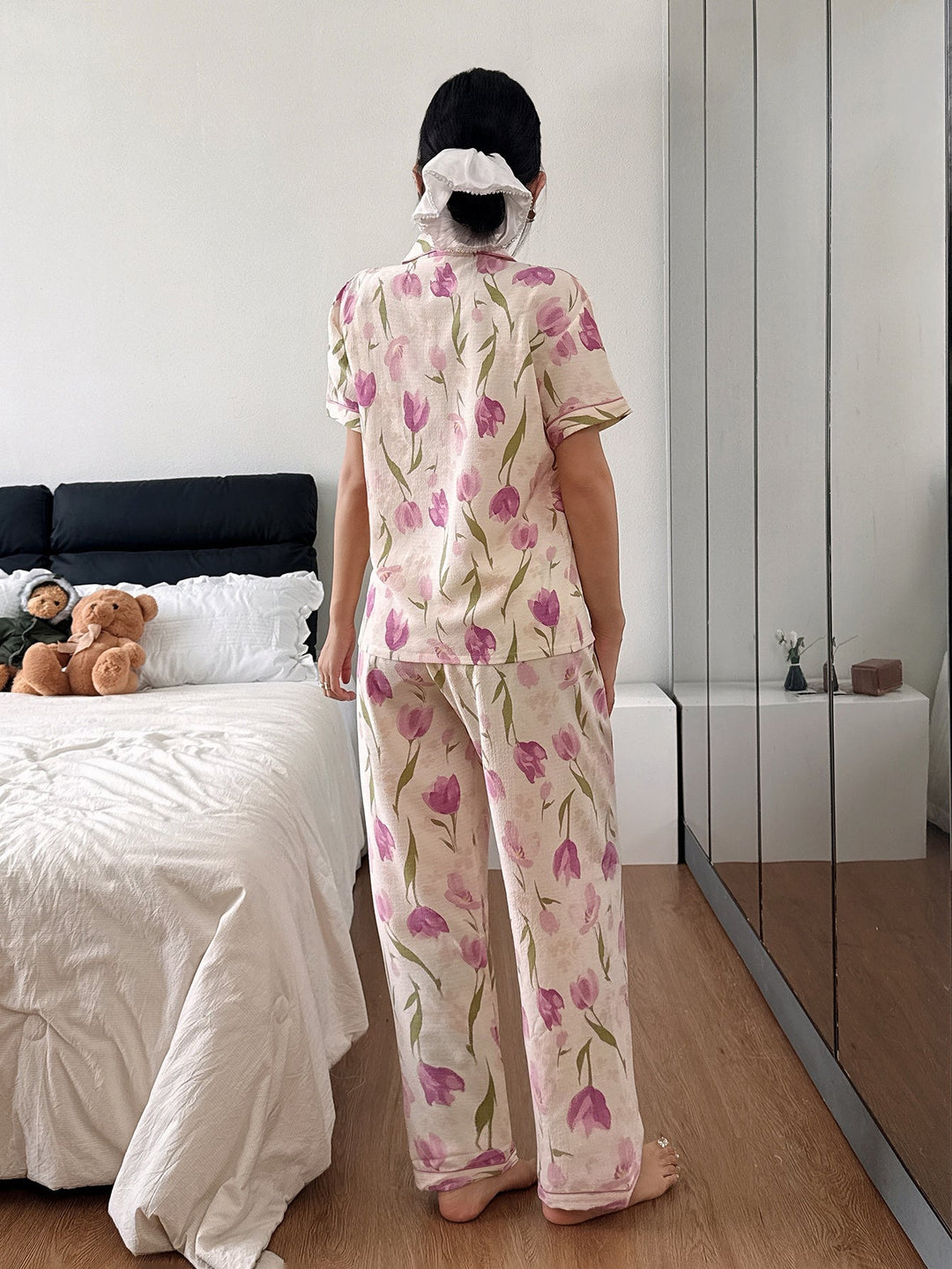 Comfortable Apricot Floral Pajama Set for Women with Notch Collar Short Sleeve Button Front Two Piece Style