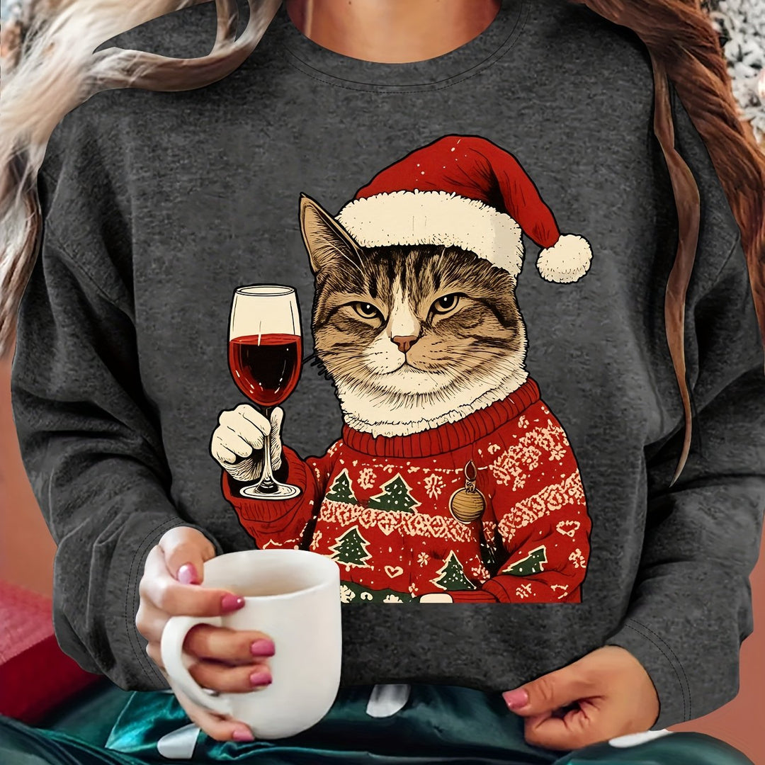 Comfortable Cat Graphic Christmas Tacky Sweater for Women with Crew Neck Long Sleeve Pullover Holiday Style