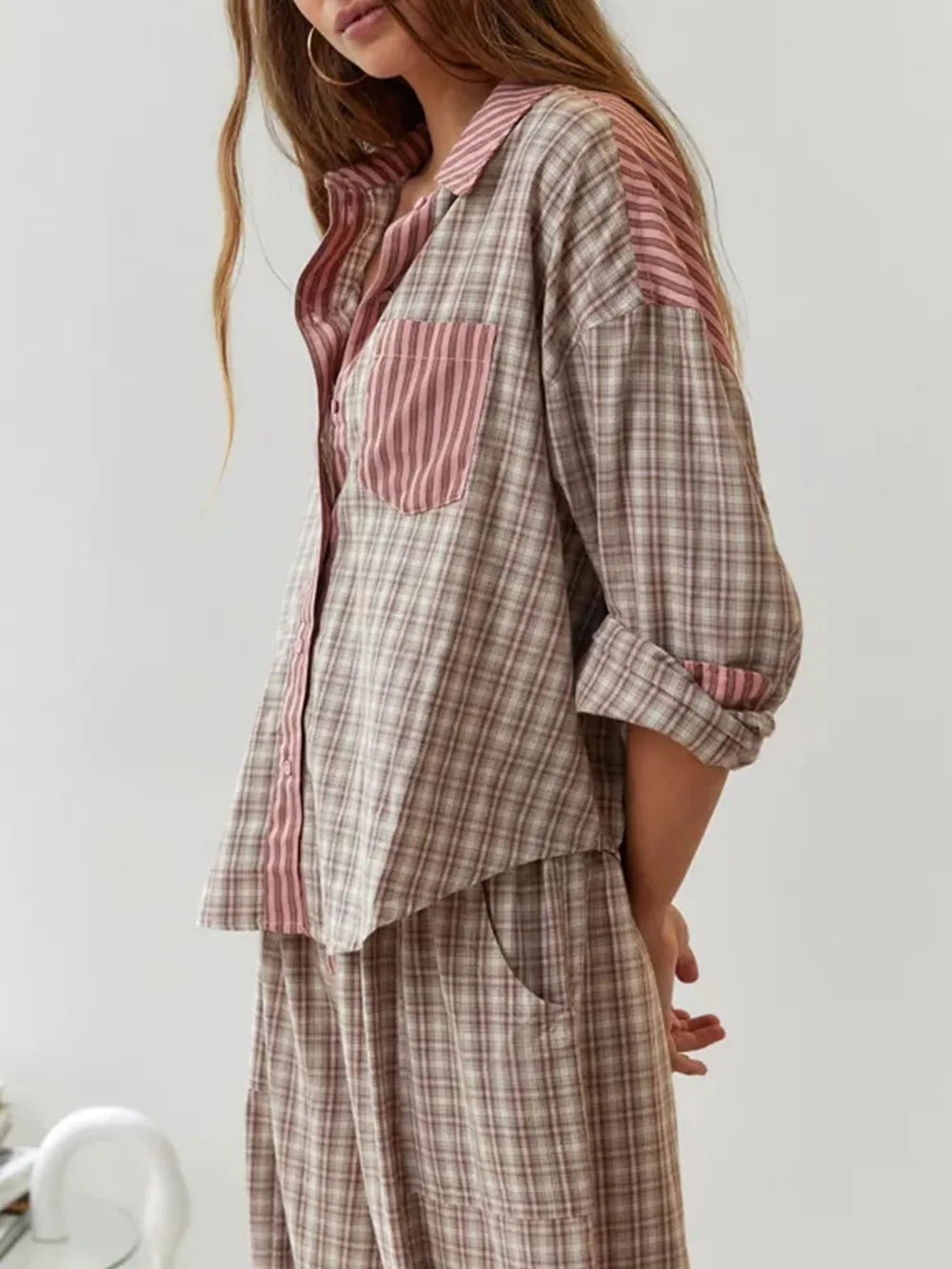 Effortless Striped Plaid Pajama Set for Women with Collar Long Sleeve Wide Leg Two Piece Style