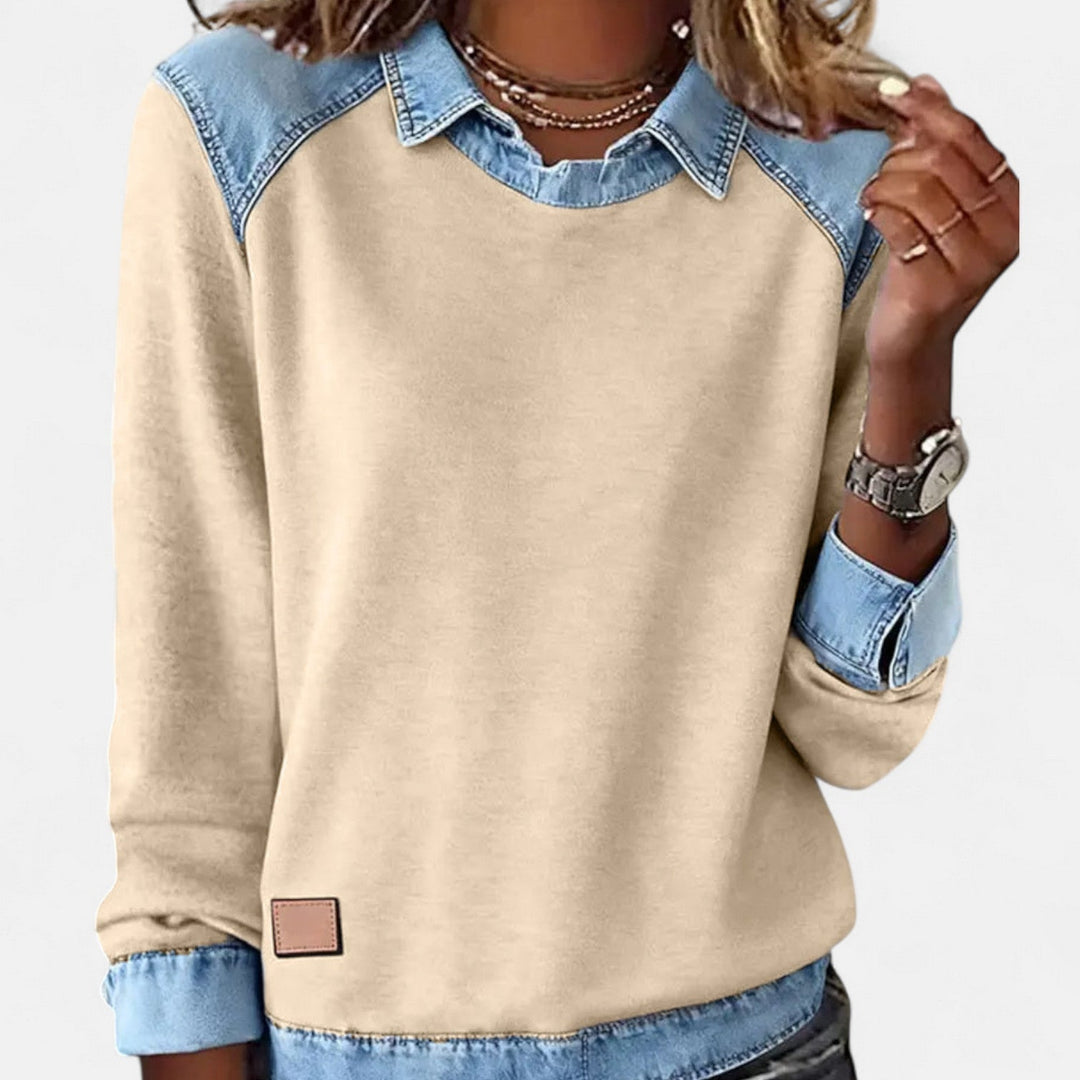 Felpa da donna senza sforzo in denim patchwork con colletto, maniche lunghe raglan e stile casual rilassato