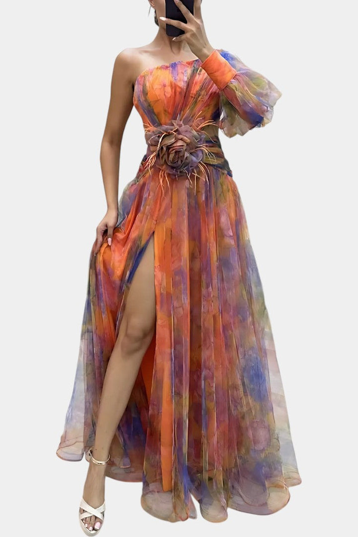 Robe longue asymétrique Amelie à épaule unique et motif artistique