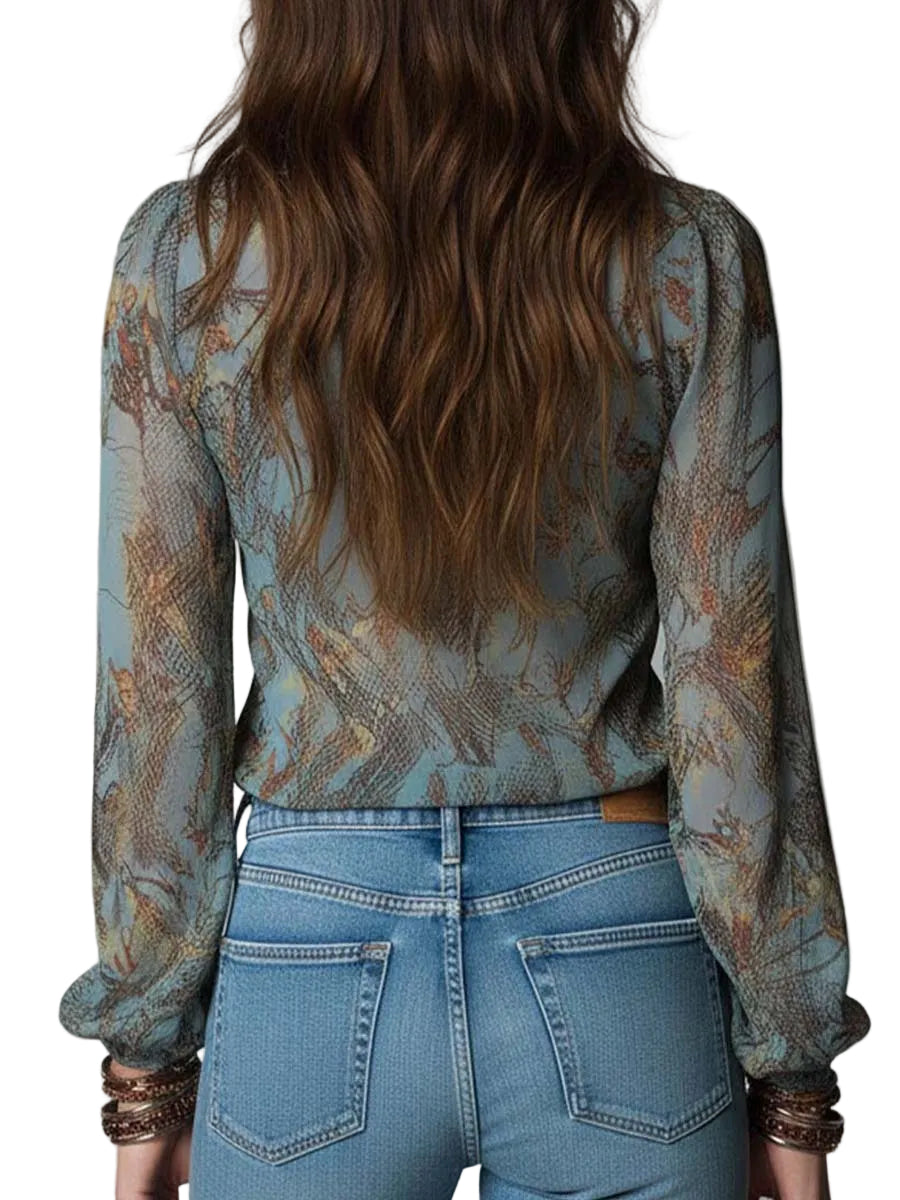 Camicetta in Chiffon Stampa Floreale Serpente con Volant e Zip – Azzurro Nebbia