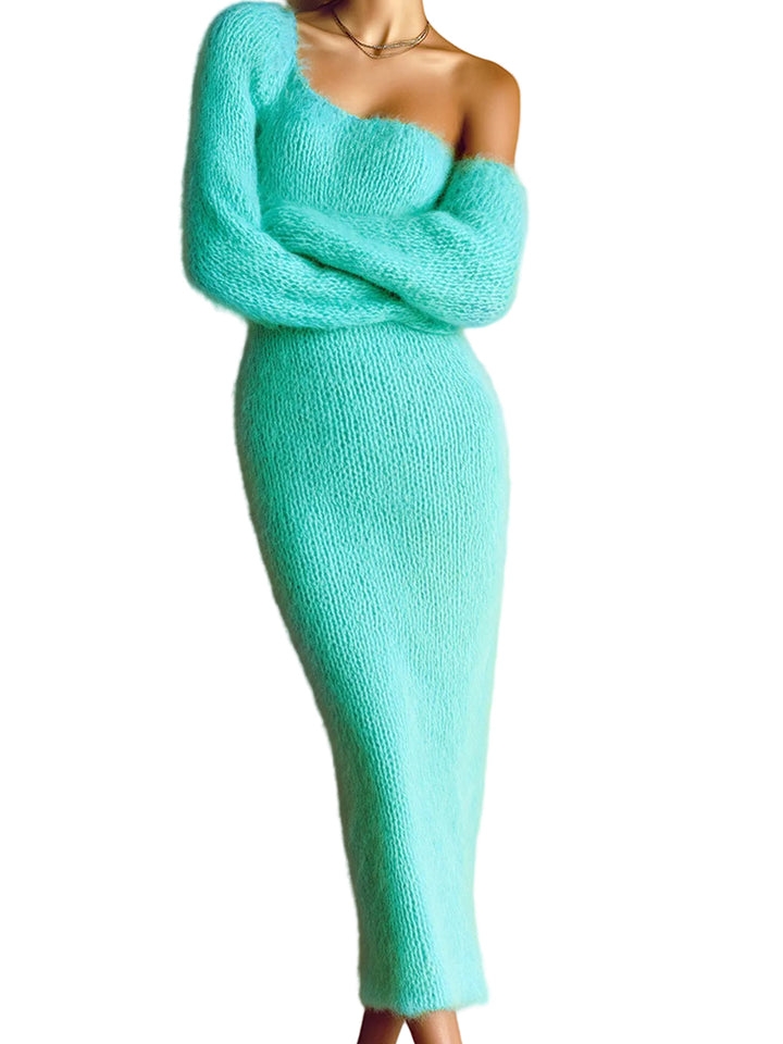 Kim - Robe longue en maille moulante, style mohair uni, épaule dénudée et manches longues lanternes