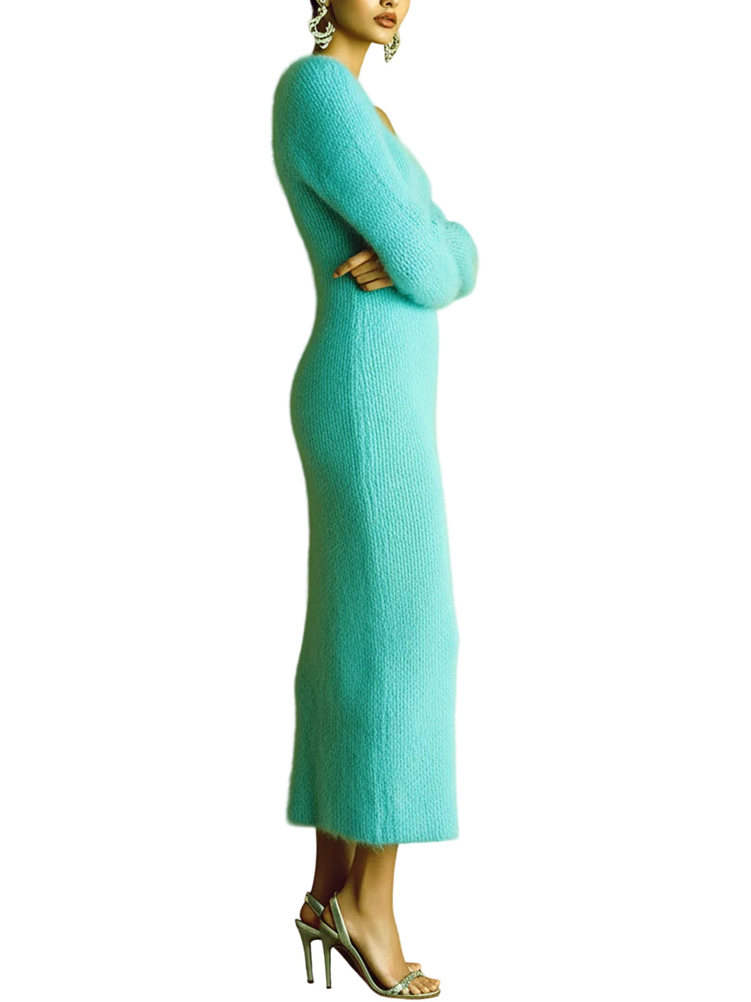 Kim - Robe longue en maille moulante, style mohair uni, épaule dénudée et manches longues lanternes
