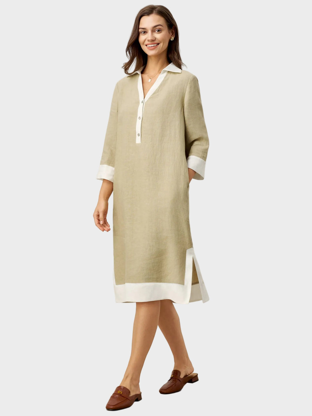 Vinnie | Robe chemise midi PERSEPHONE en lin à empiècements contrastants, encolure en V et revers superposés