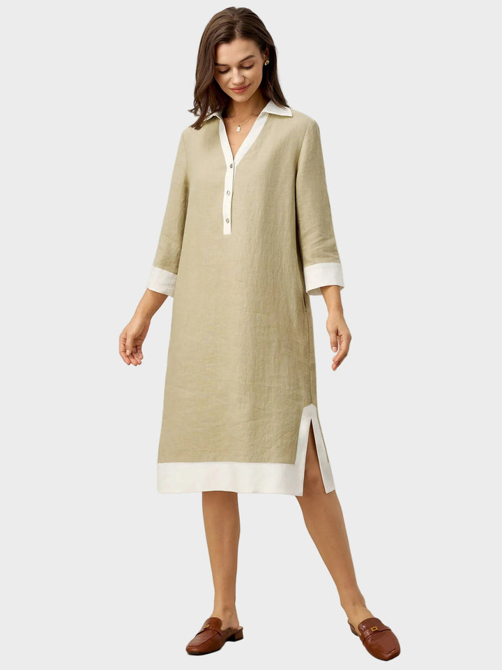 Vinnie | Robe chemise midi PERSEPHONE en lin à empiècements contrastants, encolure en V et revers superposés