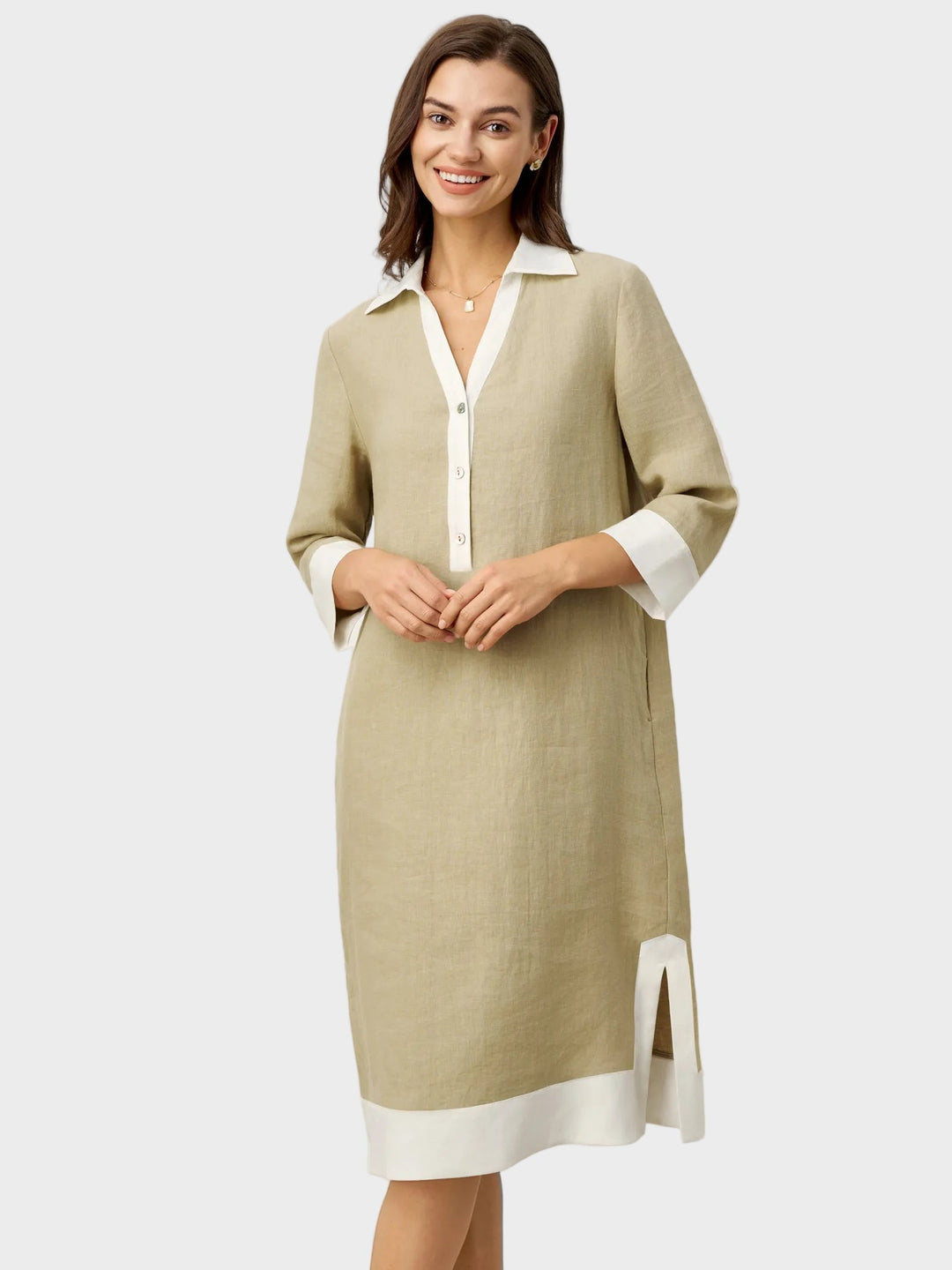 Vinnie | Robe chemise midi PERSEPHONE en lin à empiècements contrastants, encolure en V et revers superposés