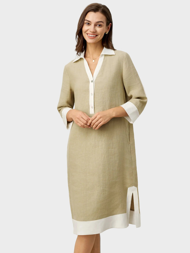 Vinnie | Robe chemise midi PERSEPHONE en lin à empiècements contrastants, encolure en V et revers superposés
