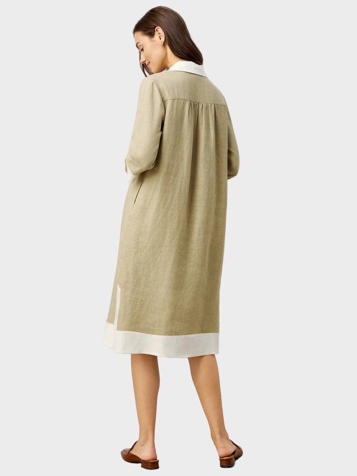 Vinnie | Robe chemise midi PERSEPHONE en lin à empiècements contrastants, encolure en V et revers superposés