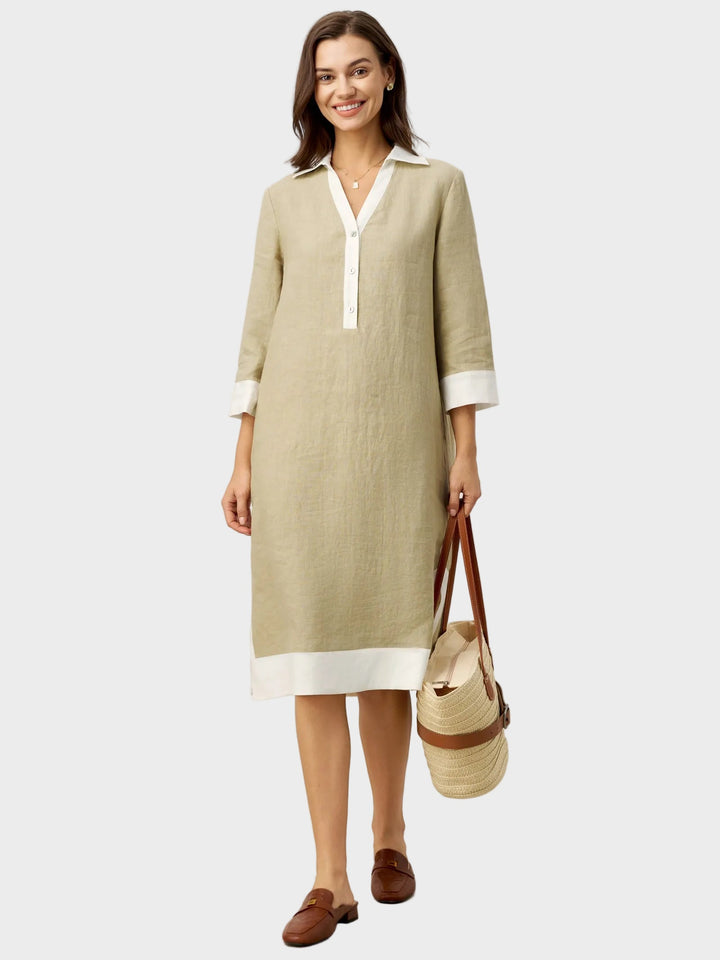 Vinnie | Robe chemise midi PERSEPHONE en lin à empiècements contrastants, encolure en V et revers superposés