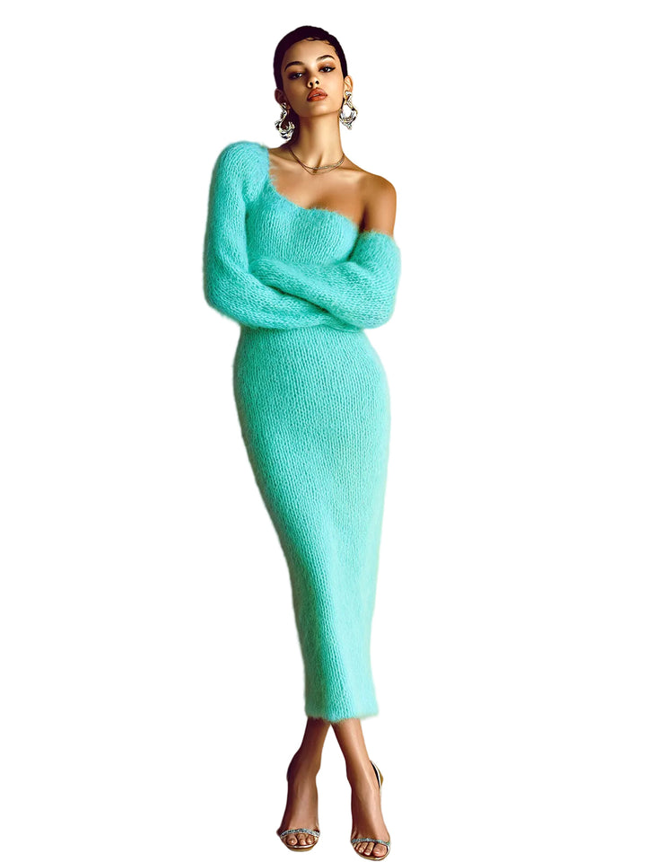 Kim - Robe longue en maille moulante, style mohair uni, épaule dénudée et manches longues lanternes