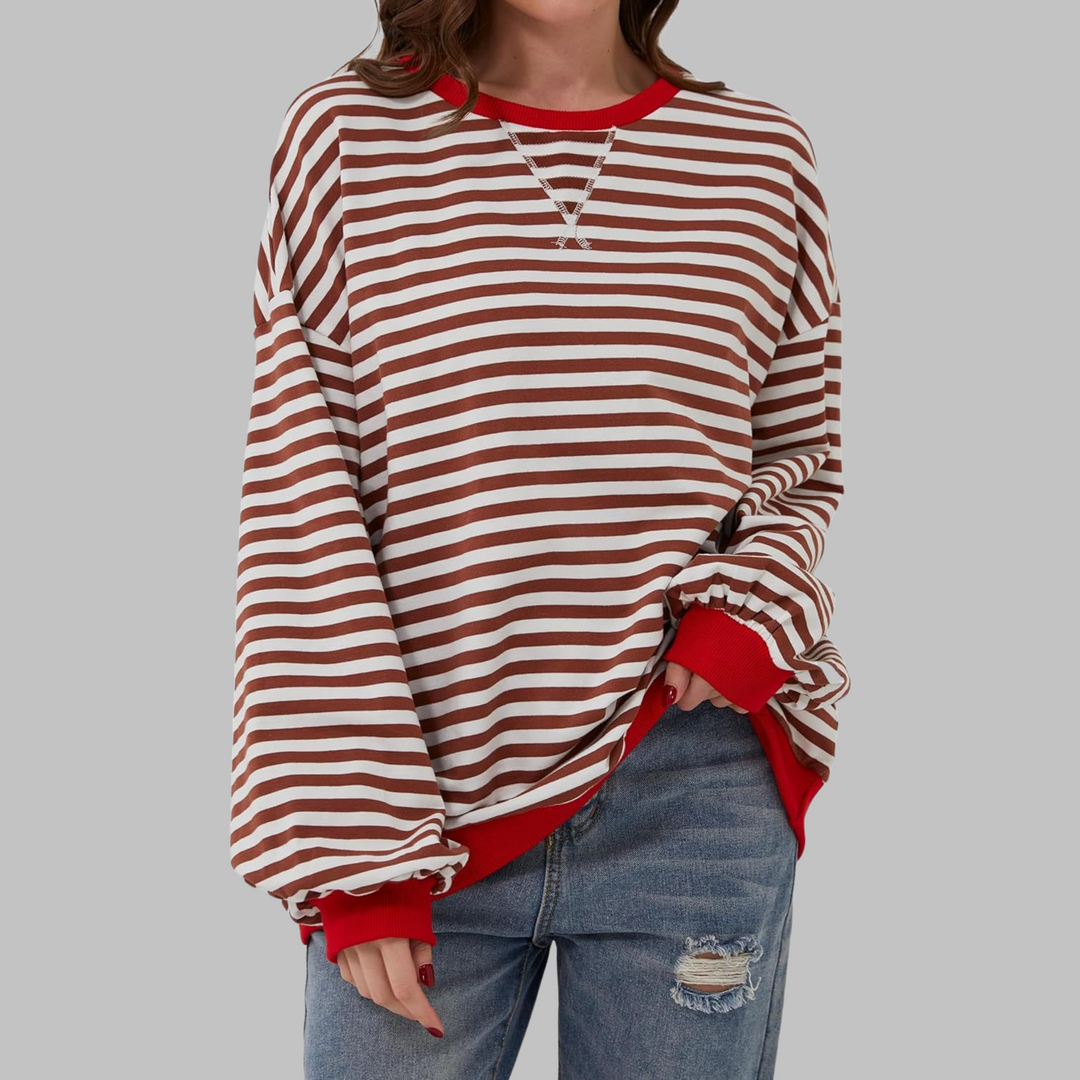 Comoda Felpa a Righe da Donna con Girocollo Maniche Lunghe Bordo a Contrasto Stile Oversize