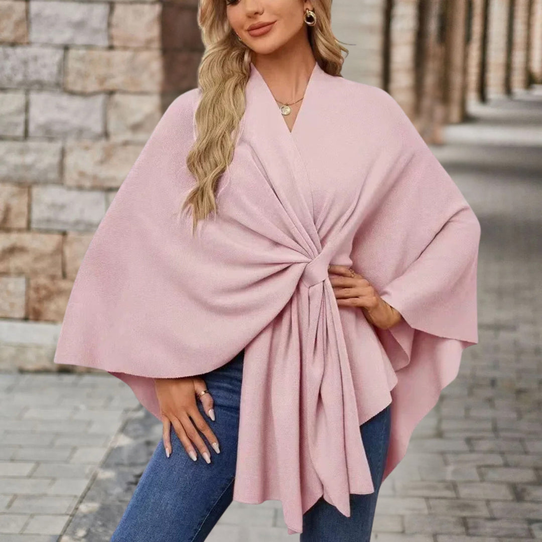 Elegant Knit Poncho for Women with V Neck Batwing Sleeve Tie Waist Wrap Style