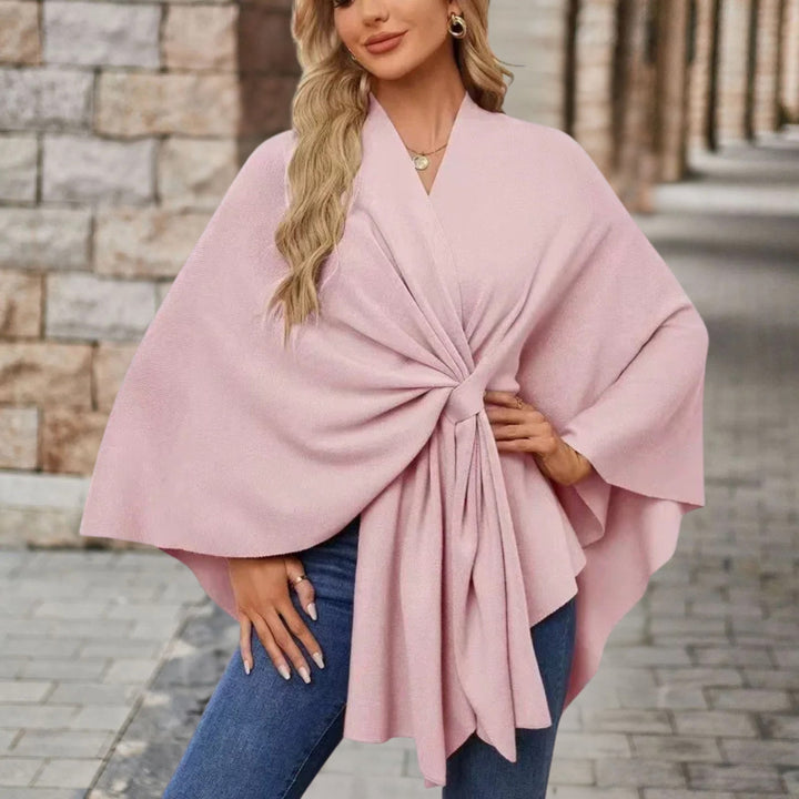 Elegant Knit Poncho for Women with V Neck Batwing Sleeve Tie Waist Wrap Style