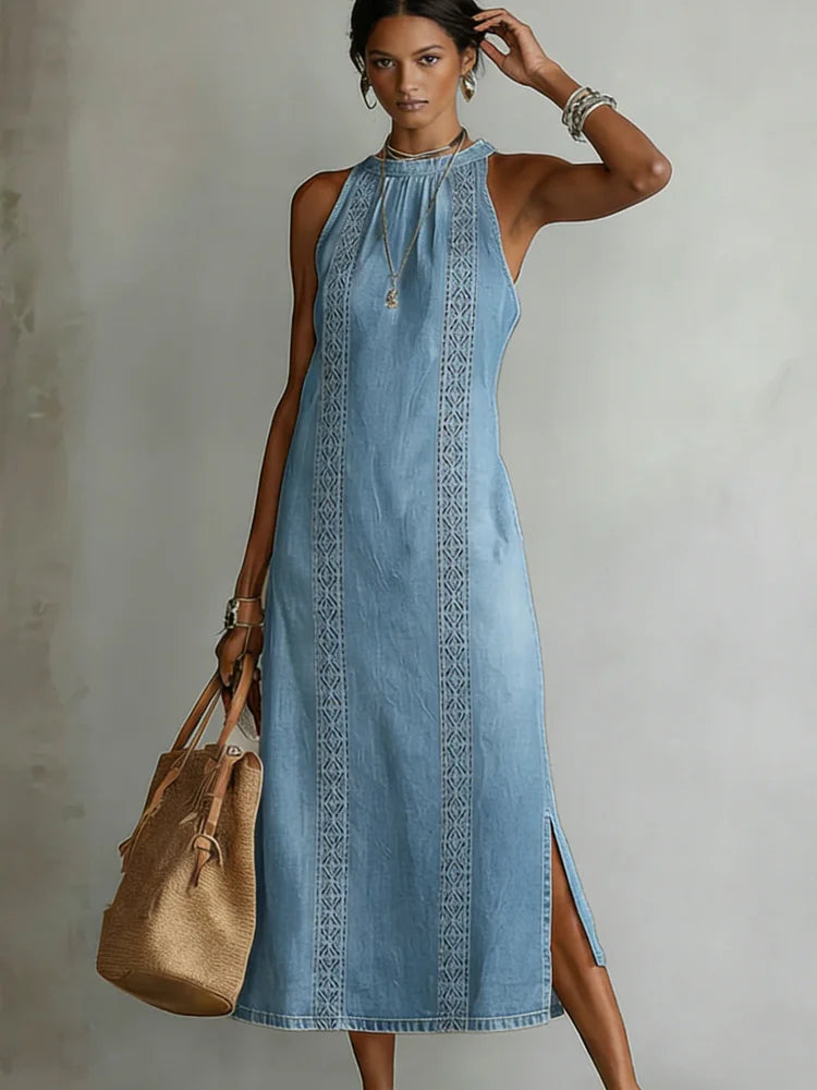 Abito in denim con dettagli in pizzo | Abito retrò abbottonato sul davanti