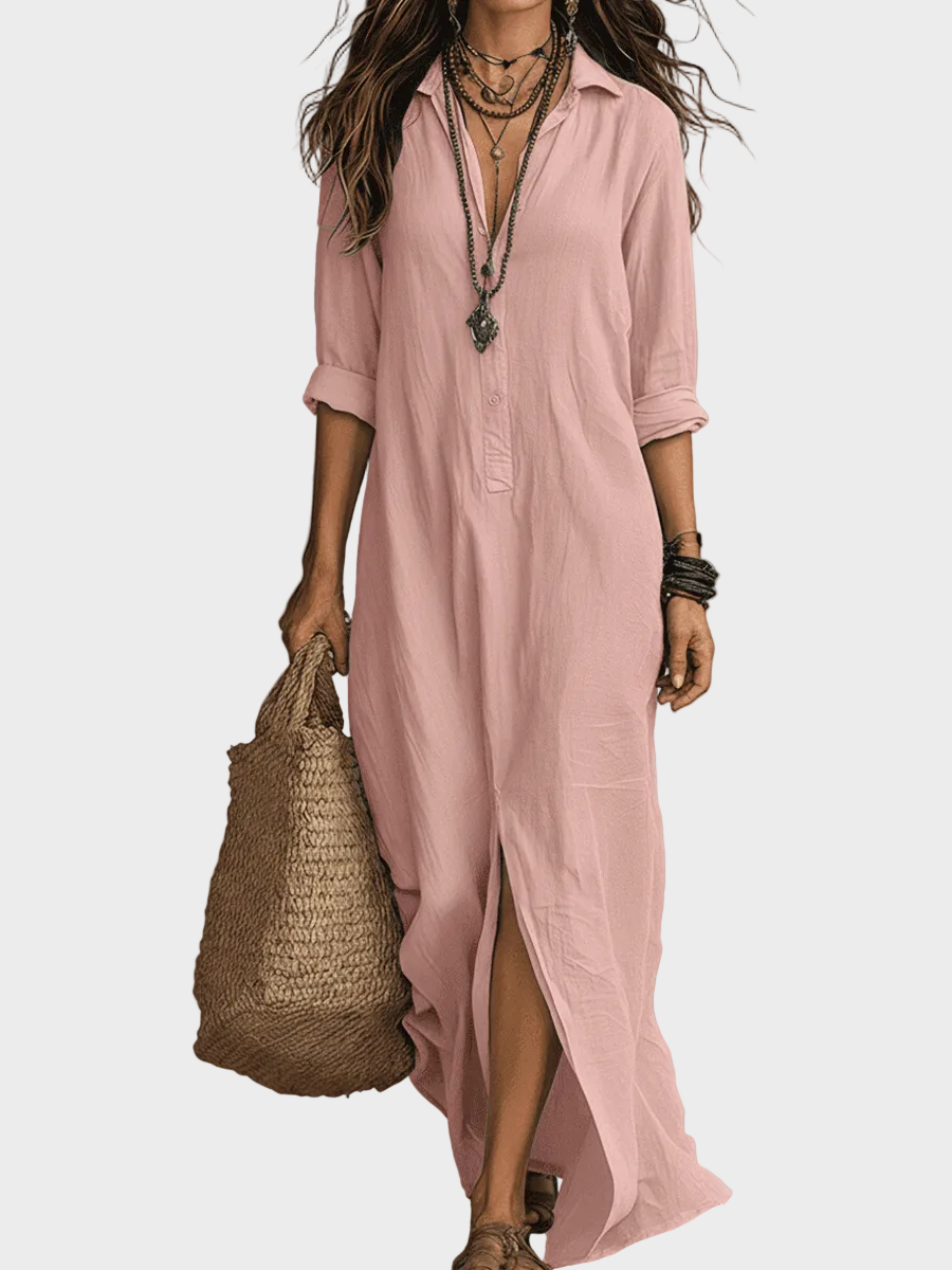 Delilah | Black Button-Front Bohemian Shirt Maxi Dress