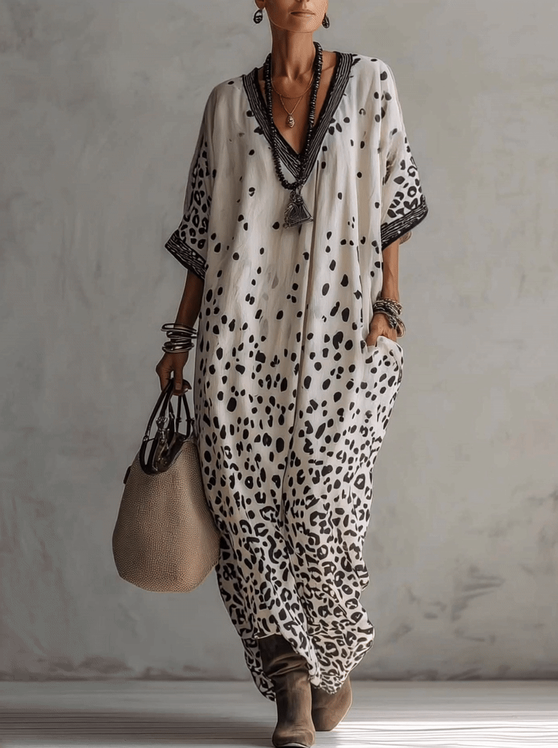 Elena - Light Gray Gradient Leopard Print Chiffon Maxi Dress