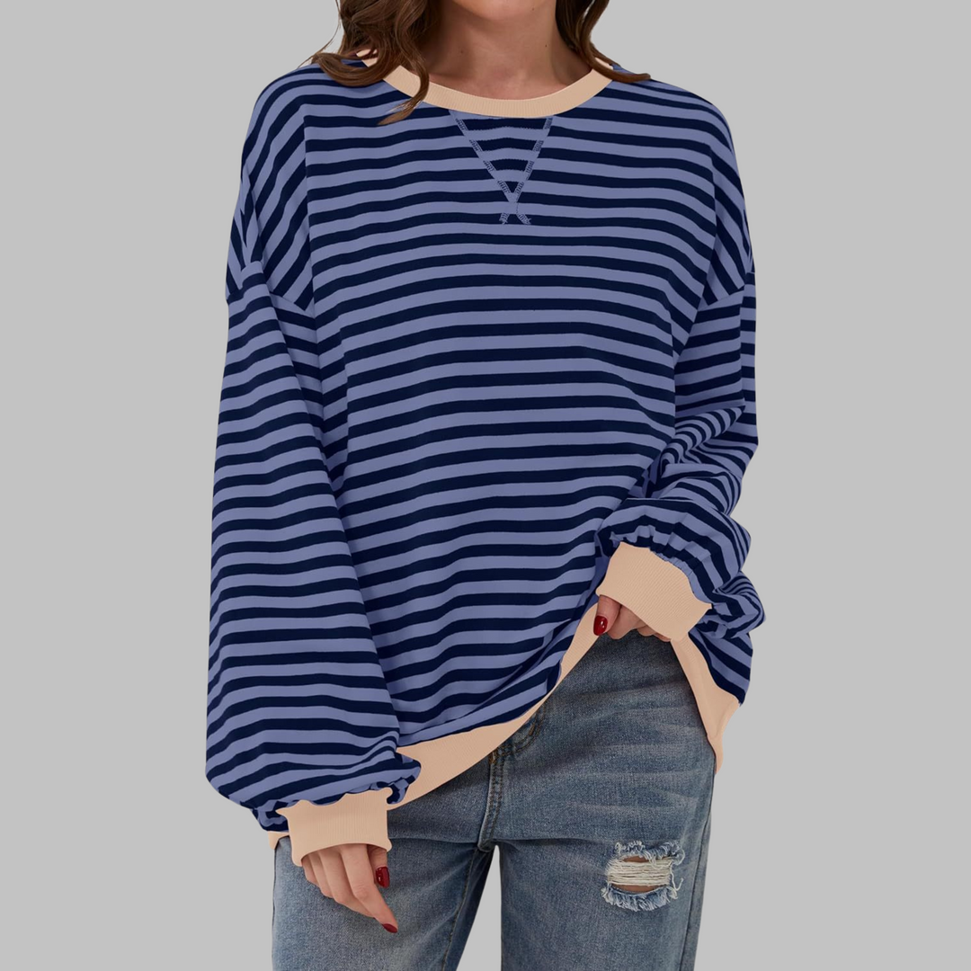 Comoda Felpa a Righe da Donna con Girocollo Maniche Lunghe Bordo a Contrasto Stile Oversize