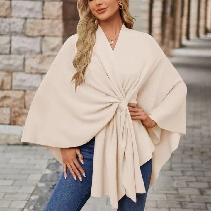Elegant Knit Poncho for Women with V Neck Batwing Sleeve Tie Waist Wrap Style