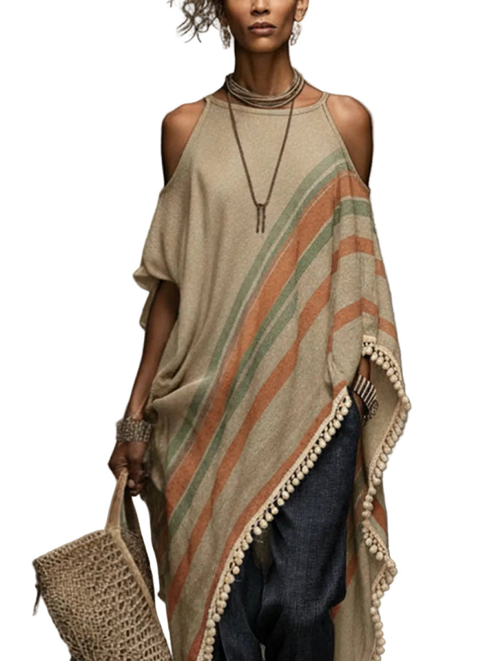 Robe Courte Épaules Dénudées en Lin Mélangé Kaki Imprimé avec Ourlet Effiloché