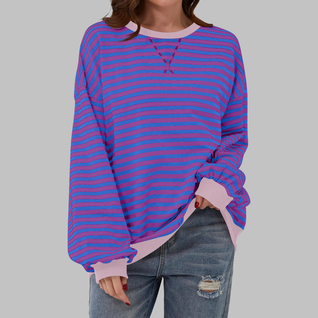 Comoda Felpa a Righe da Donna con Girocollo Maniche Lunghe Bordo a Contrasto Stile Oversize