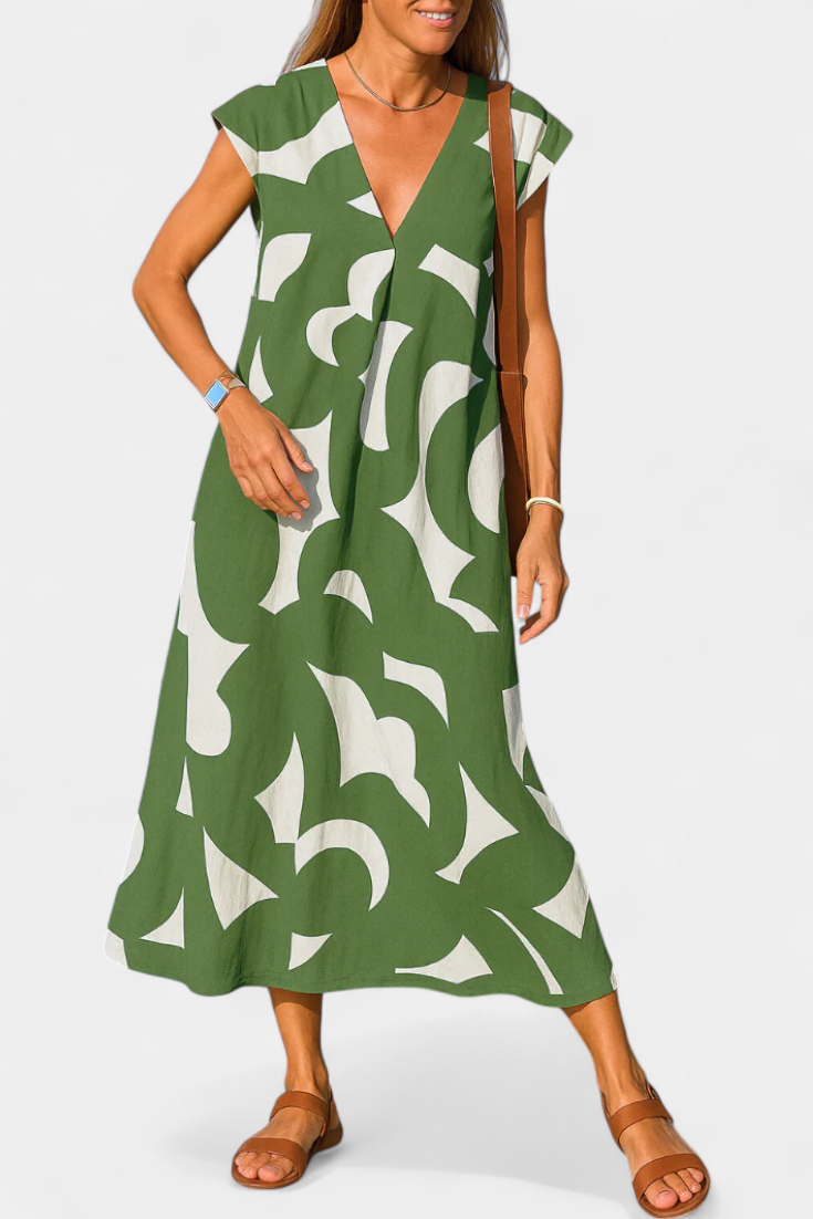 Asela Casual Dress with V-Neck and Mixi Pattern