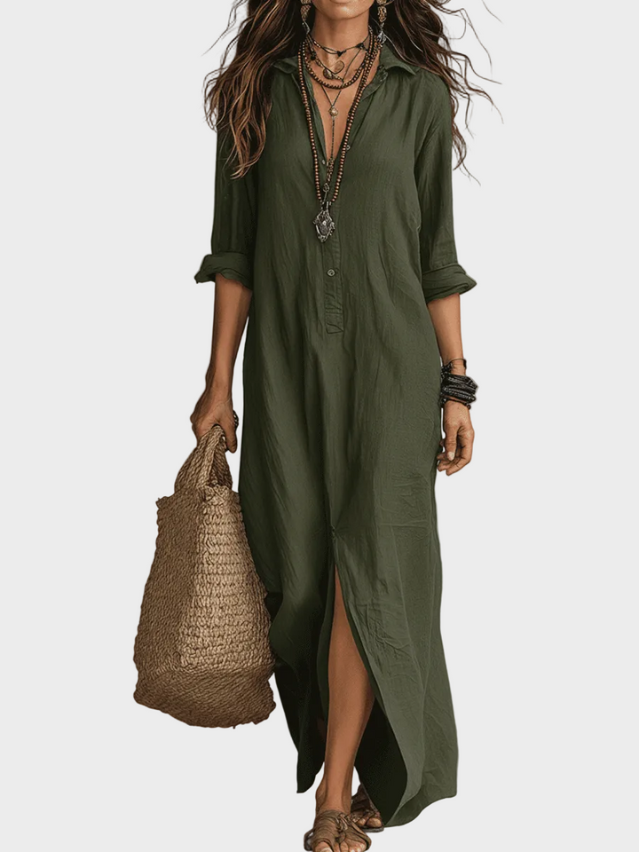 Delilah | Black Button-Front Bohemian Shirt Maxi Dress