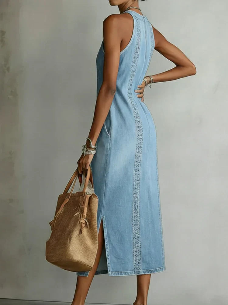 Abito in denim con dettagli in pizzo | Abito retrò abbottonato sul davanti