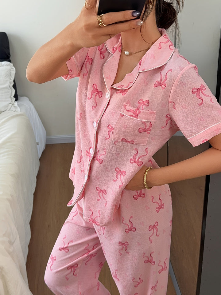 Comfortable Bow Print Pajama Set for Women with Notched Collar Short Sleeve Button Front Two Piece Style