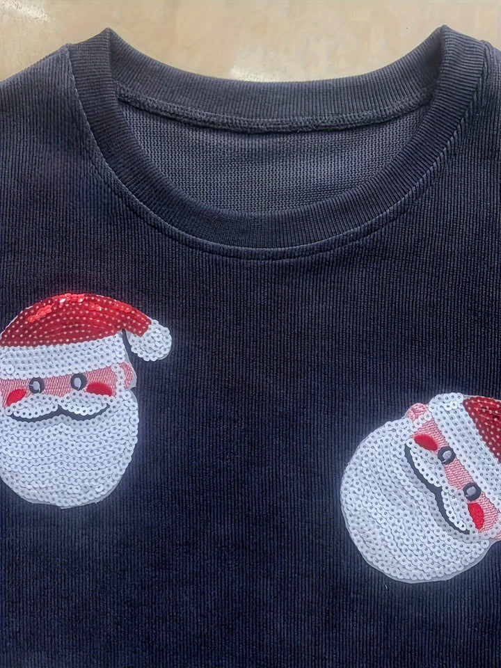Comfortable Dark Gray Corduroy Christmas Sweater for Women with Crew Neck Long Sleeve Sequin Santa Oversized Knit Style
