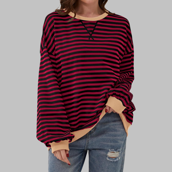 Comoda Felpa a Righe da Donna con Girocollo Maniche Lunghe Bordo a Contrasto Stile Oversize