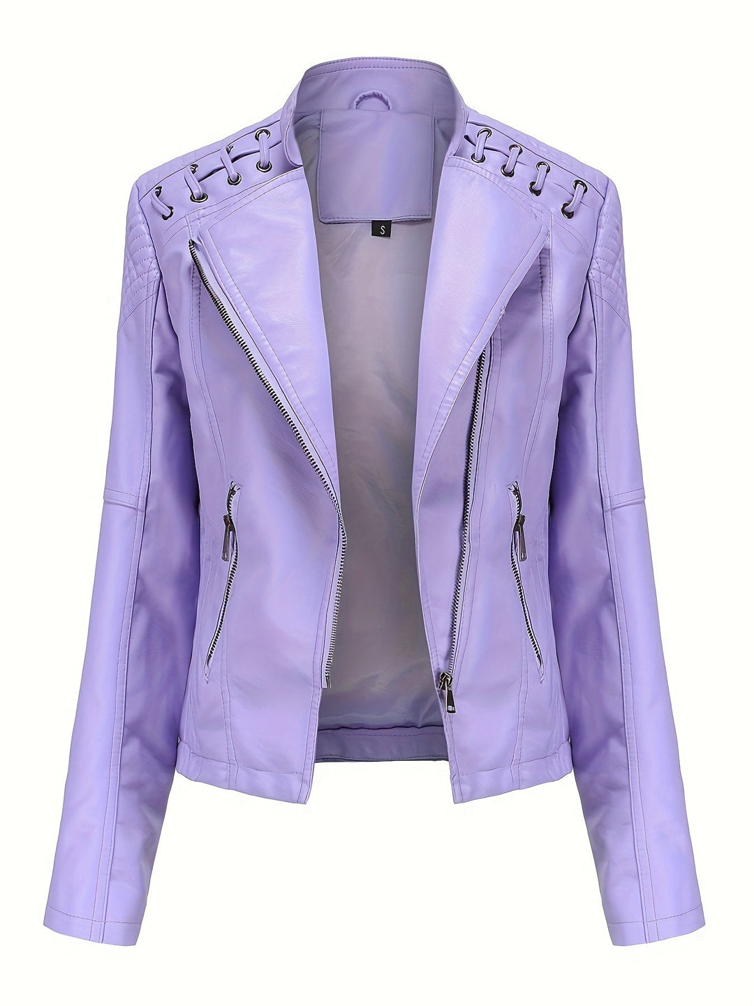 Elegant Leather Moto Jacket for Women with Notch Lapel Zip Front Studded Shoulder