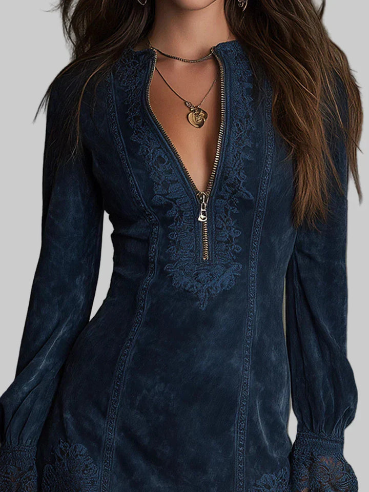 Jasmine – Miniabito in camoscio blu con pizzo