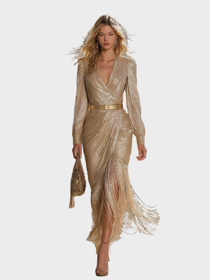 Jollie | Abito Lungo Chic ed Elegante Color Champagne con Scollo a V, Nappe e Brillantezza