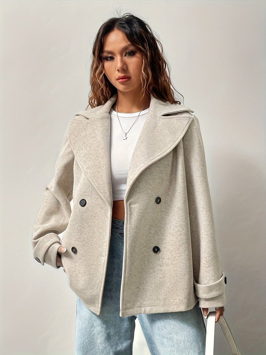 Elegant Beige High Pea Coat for Women with Notched Collar Long Sleeve Double Breasted Relaxed Style